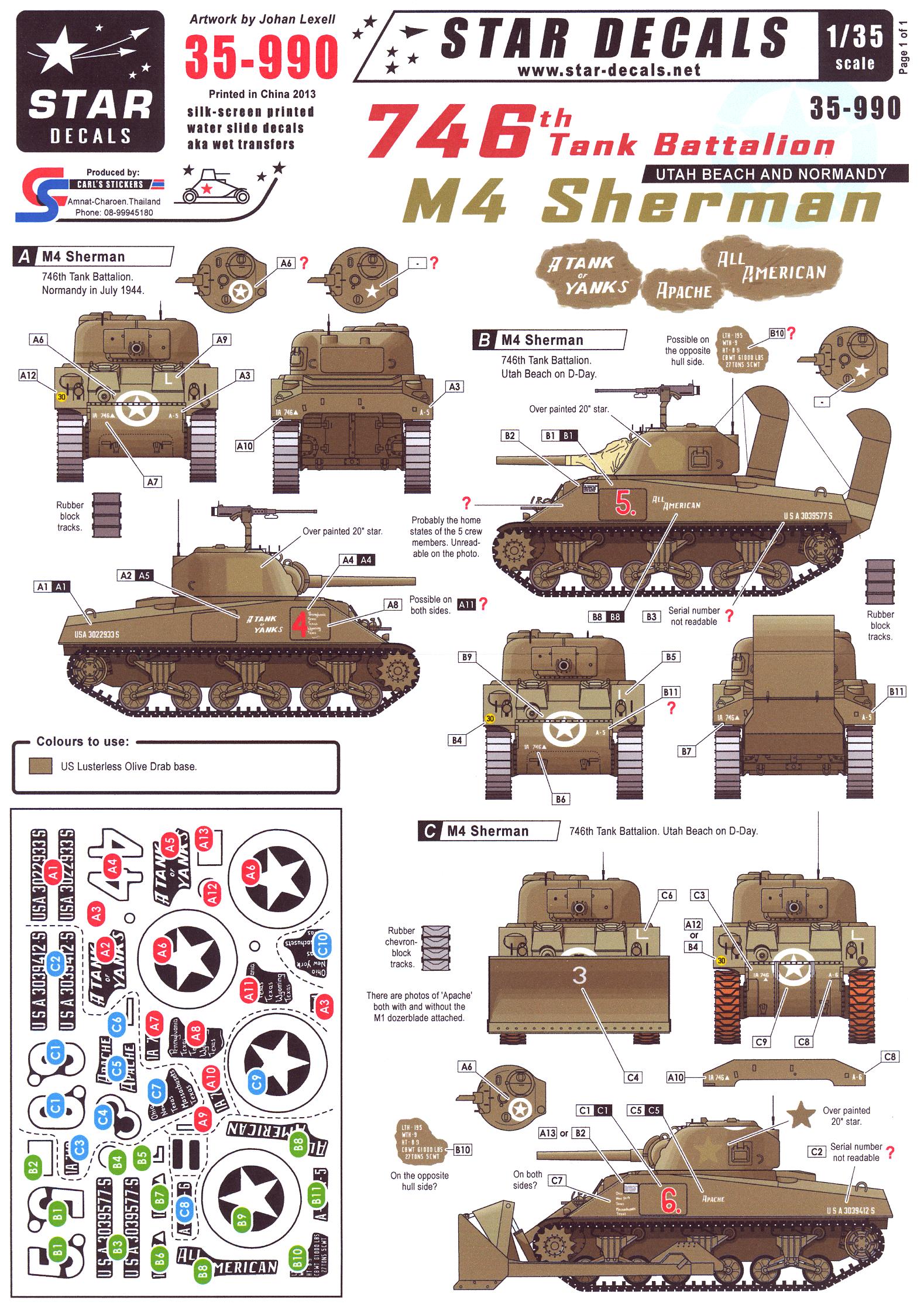 Star Decals 1/35 U.S. 746th TANK BATTALION M4 Sherman Tanks Utah Beach